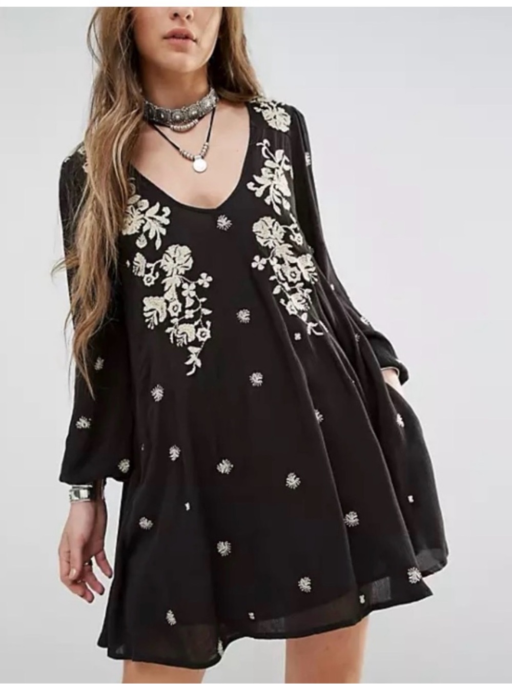 Free People Sweet Tennessee Black Mini Dress with Cream Floral Embroidery Size S